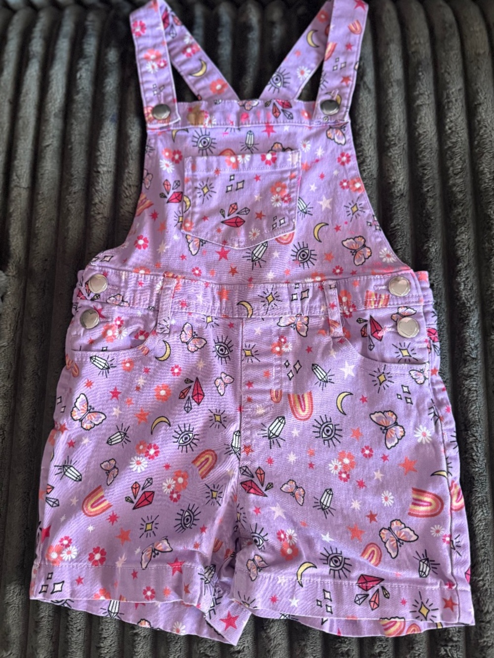 Girls Lavender Printed Short Overalls with Adjustable Straps